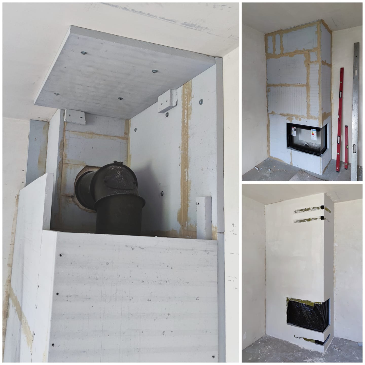 Wnętrze w trakcie budowy obudowy wkładu kominkowego z betonu komórkowego, widoczne rury odprowadzające dym i poziomice.