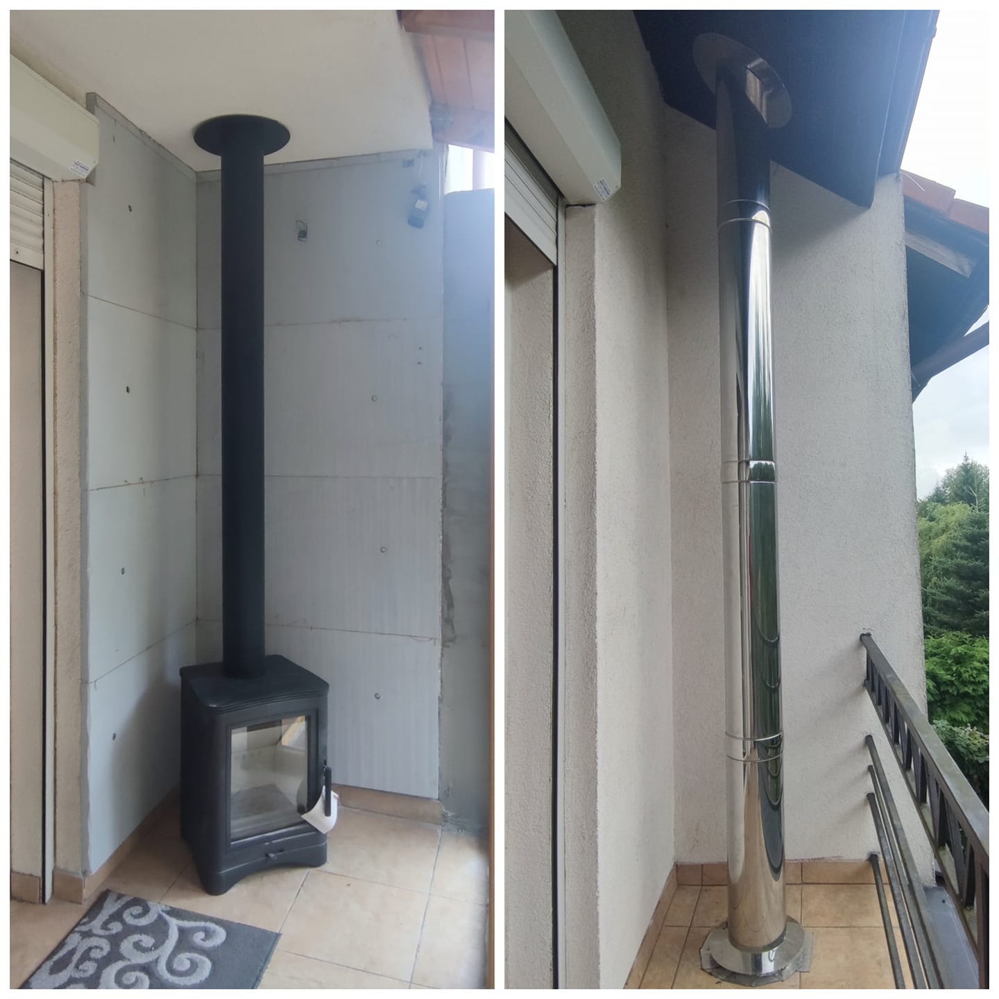 Czarny piec z długą rurą odprowadzającą spaliny wewnątrz pomieszczenia z surowymi ścianami oraz metalowy komin na balkonie.