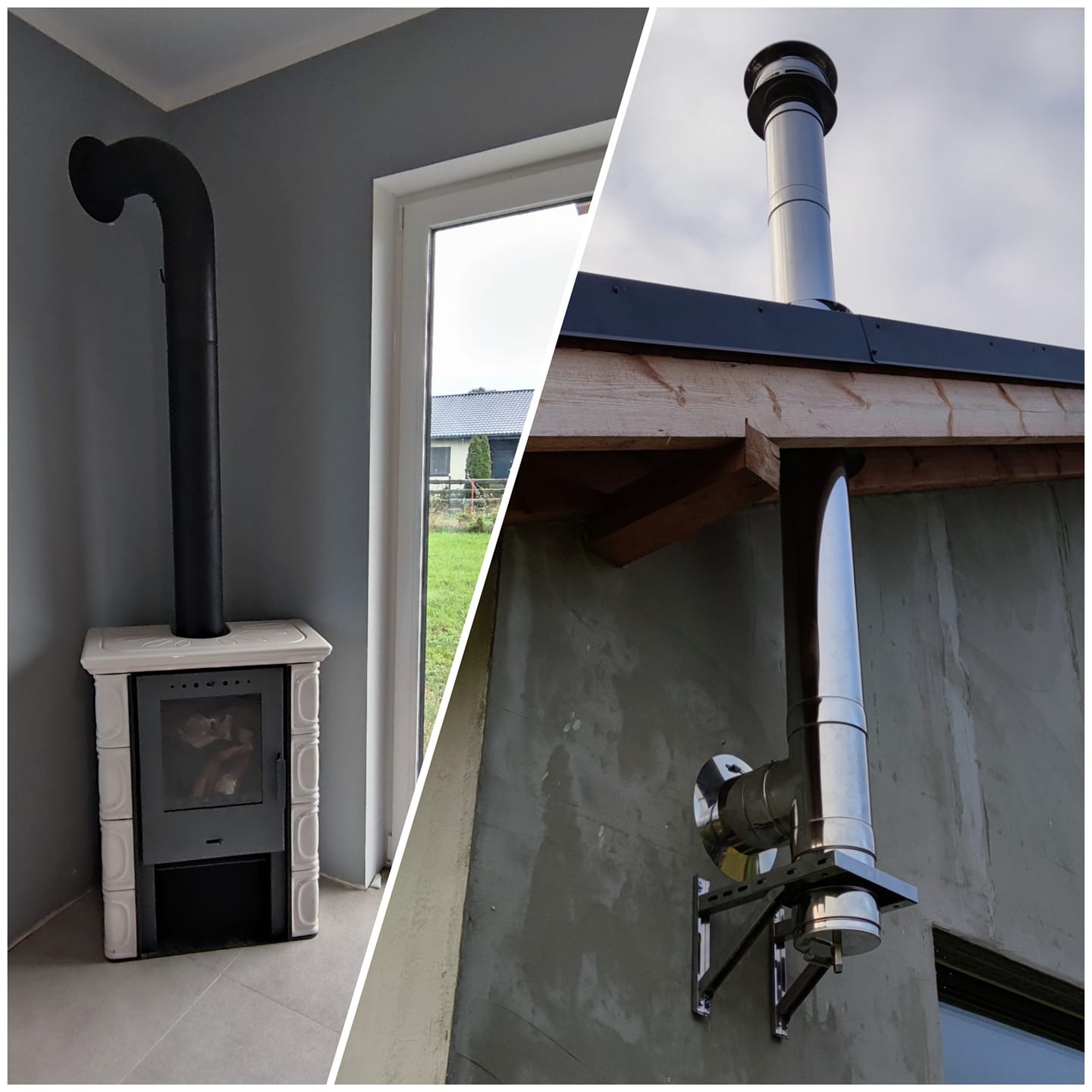 Porównanie instalacji: biały piec z czarną rurą wewnątrz domu oraz stalowy komin na zewnątrz budynku, z widocznymi elementami mocującymi.