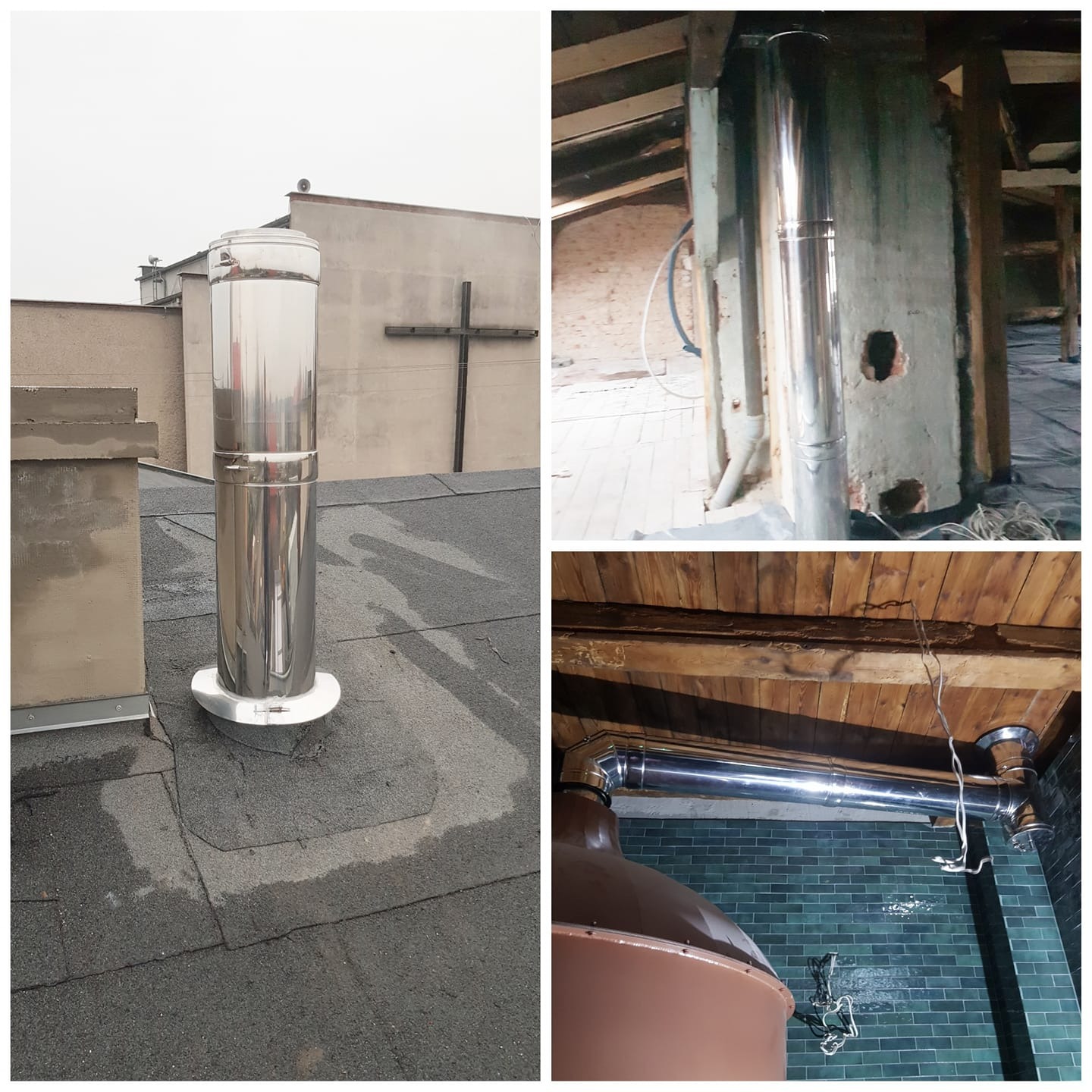 Komin systemowy ze stali nierdzewnej na dachu budynku, widok z zewnątrz i wewnątrz podczas montażu, fragment instalacji w kuchni z okapem.