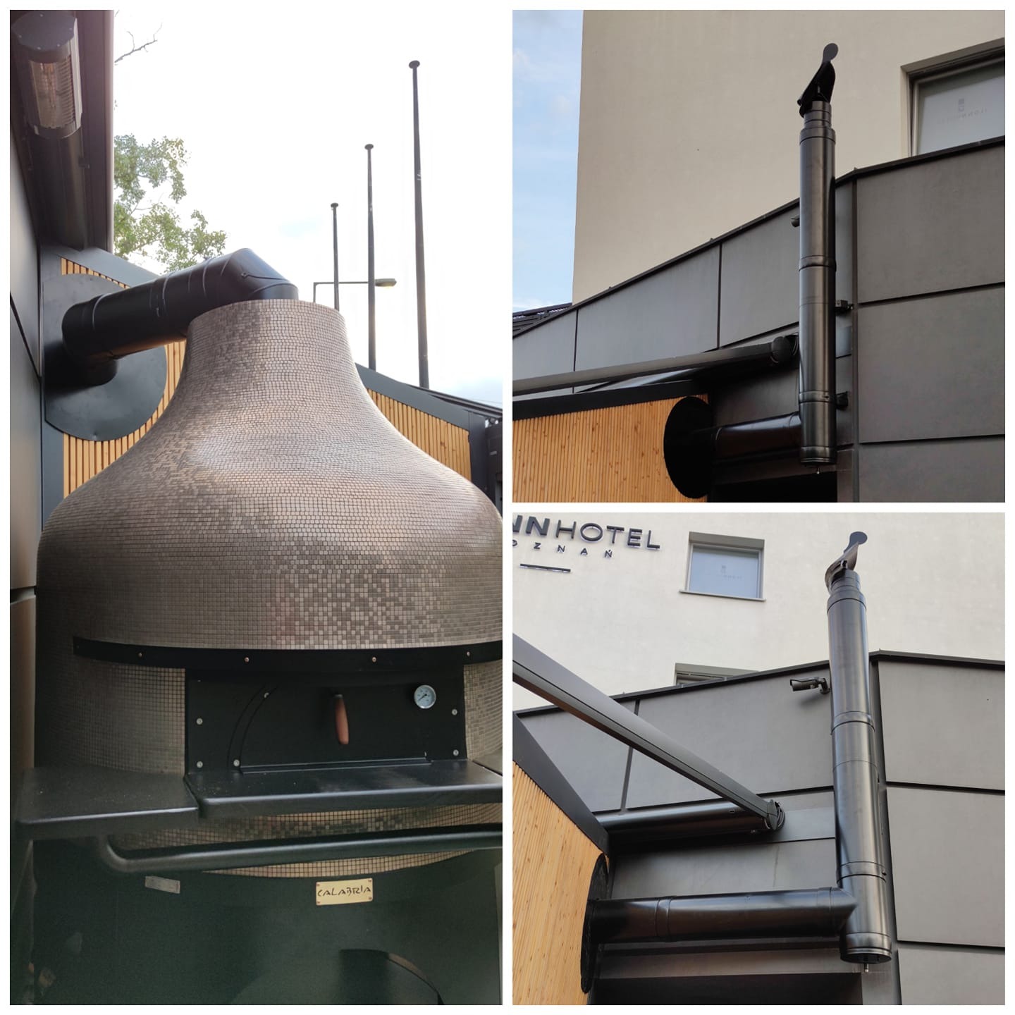 Zewnętrzny piec opalany drewnem z mozaikową kopułą i czarnym kominem, zainstalowany przy budynku hotelu.