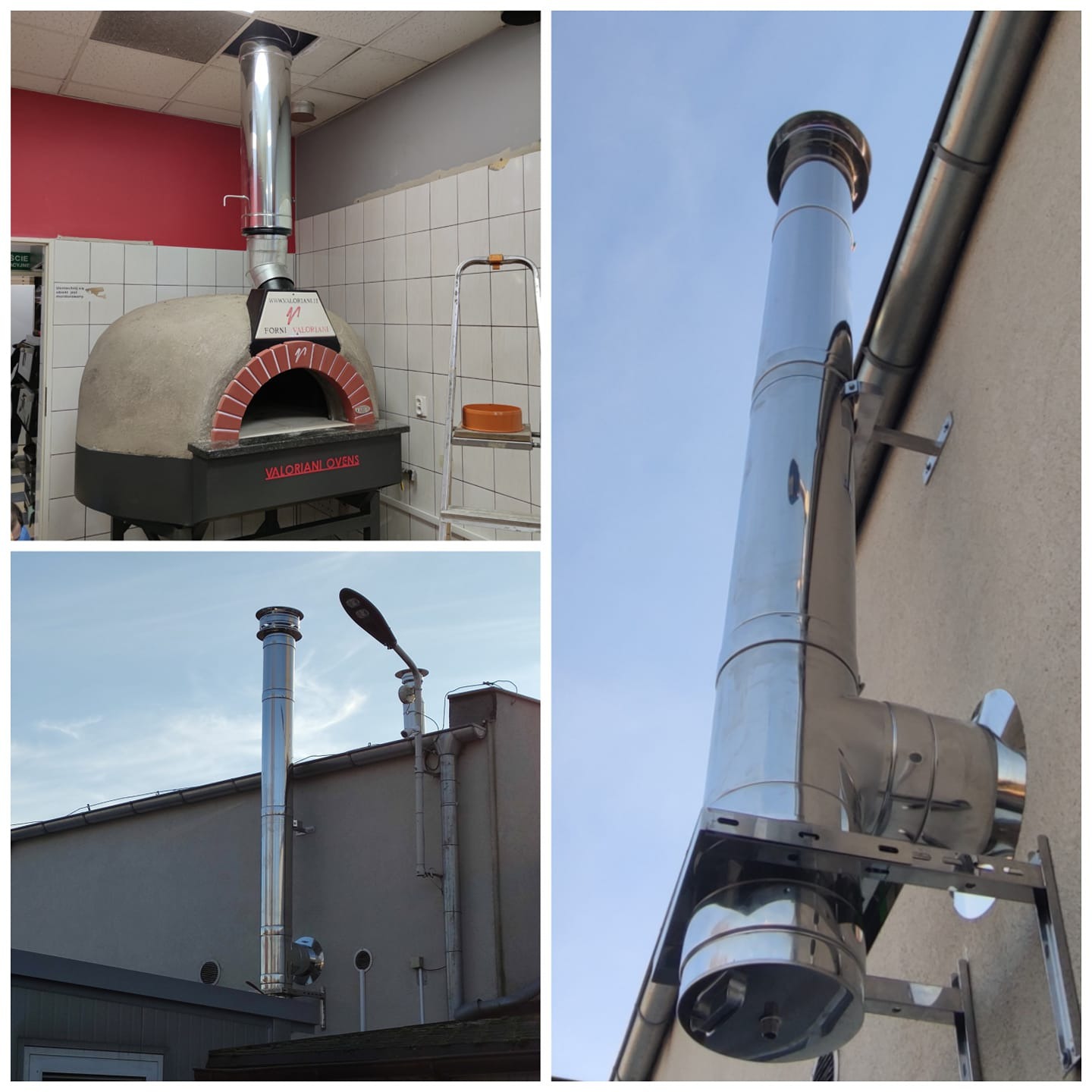 Kolaż przedstawiający piec do pizzy Valeriani Ovens z podłączonym, błyszczącym, metalowym kominem wewnątrz pomieszczenia oraz fragmenty tego samego komina zamontowanego na zewnątrz budynku.