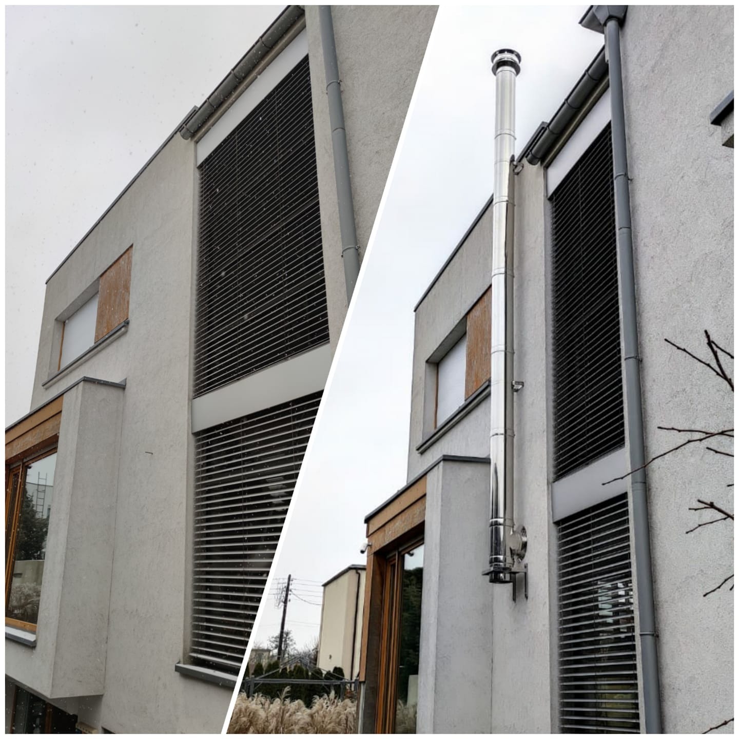 Elewacja budynku z zamontowanym, zewnętrznym, stalowym przewodem spalinowym, widoczne okna z żaluzjami.