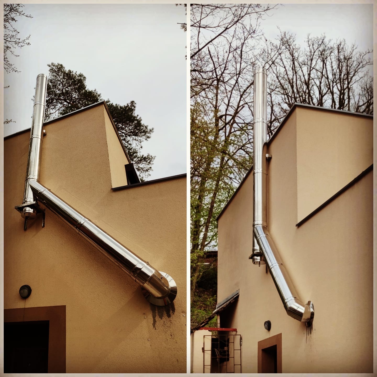 Dwa ujęcia zewnętrznego, metalowego komina spalinowego zamontowanego na ścianie budynku o beżowej elewacji, widoczne drzewa w tle.