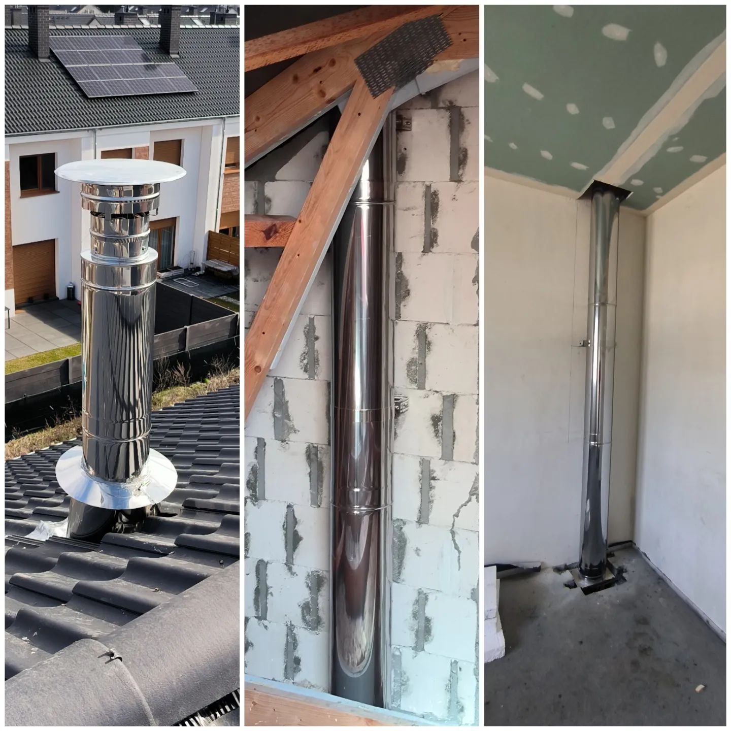 Montaż stalowego przewodu spalinowego: widok z zewnątrz na dachu z dachówki, wewnątrz ściany z bloczków i wewnątrz pomieszczenia z płyt gipsowo-kartonowych.