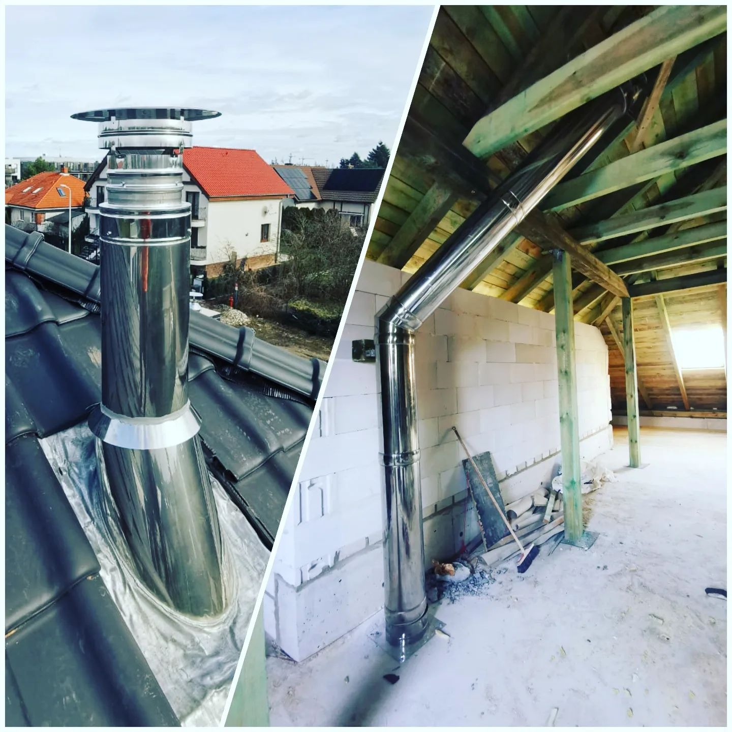 Komin systemowy ze stali nierdzewnej, widok z zewnątrz na dachu z dachówką ceramiczną i od wewnątrz w surowym stanie poddasza, z widoczną konstrukcją więźby dachowej i ścianami z bloczków.