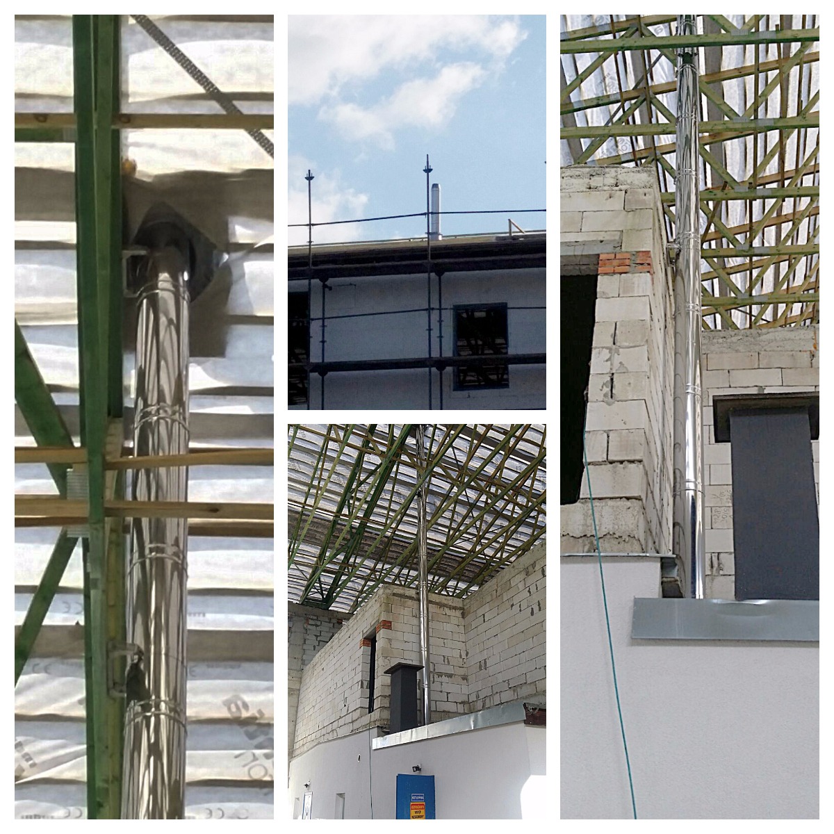 Różne ujęcia montażu stalowego przewodu kominowego w nowym budynku w Poznaniu, widoczne elementy konstrukcji dachu i ścian z bloczków.