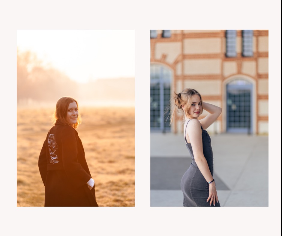 Dwie różne scenerie: Kobieta w płaszczu z grafiką na plecach stoi na tle zórz porannych, a druga kobieta w sukience pozuje przed budynkiem z dużymi oknami.