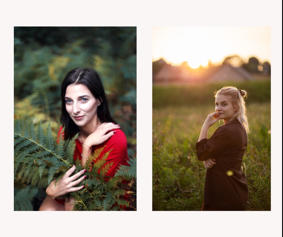 Dwie portretowe fotografie: brunetka w czerwonej sukience trzyma paproć na tle zieleni lasu; blondynka w brązowej koszuli na tle zachodzącego słońca na łące.