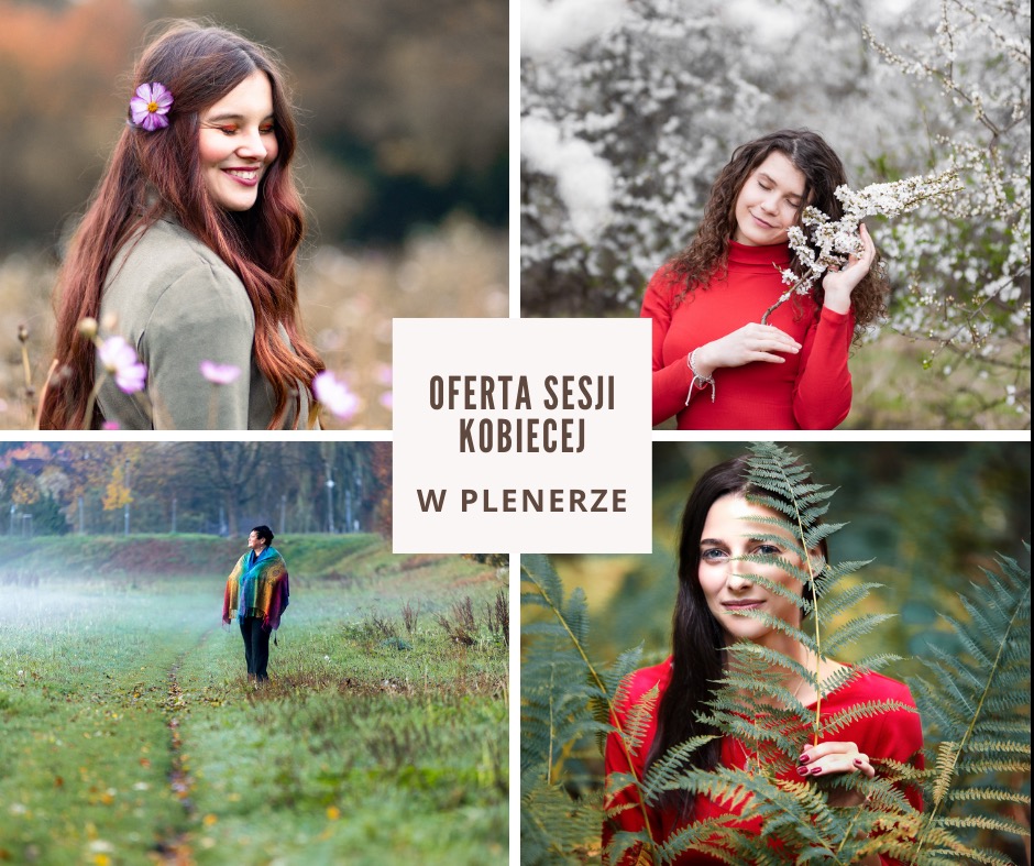 Kolaż czterech zdjęć z sesji kobiecej w plenerze: uśmiechnięta brunetka z fioletowym kwiatem we włosach, kobieta w czerwonej bluzce z kwitnącą gałązką, postać w kolorowej chuście na zewnątrz...