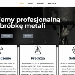 Strona internetowa firmy OKCNC prezentująca profesjonalną obróbkę metali, z widocznym frezem CNC w tle i hasłem 'Oferujemy profesjonalną obróbkę metali'.