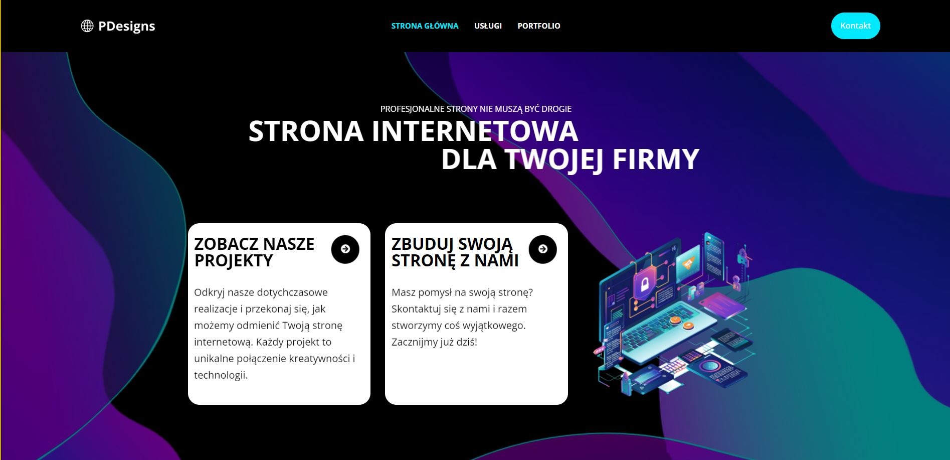 Projekt strony internetowej w odcieniach fioletu i granatu, z grafiką wektorową przedstawiającą laptopa, smartfony i tablety połączone siecią, sugerującą technologię i bezpieczeństwo danych.
