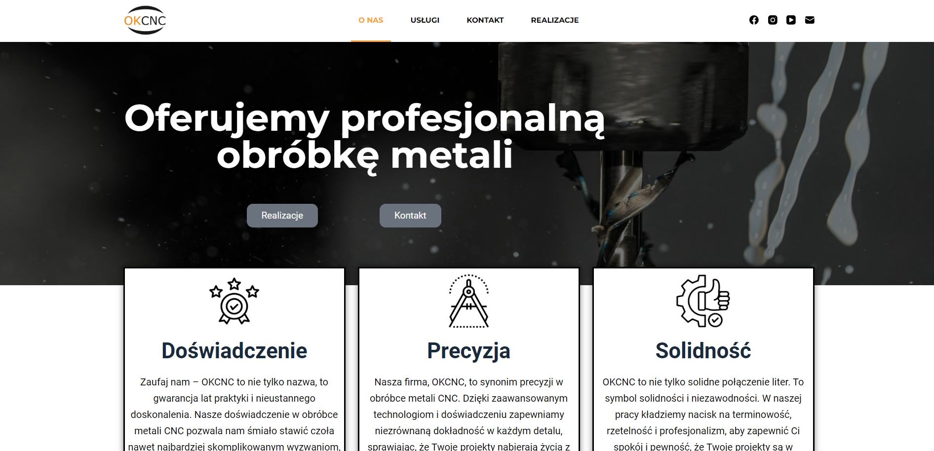 Strona internetowa firmy OKCNC prezentująca profesjonalną obróbkę metali, z widocznym frezem CNC w tle i hasłem 'Oferujemy profesjonalną obróbkę metali'.