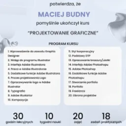 Certyfikat ukończenia kursu projektowania graficznego dla Macieja Budnego, z wyszczególnionym programem kursu obejmującym Adobe Illustrator i Photoshop, liczbą godzin lekcyjnych, tygodni nauki...