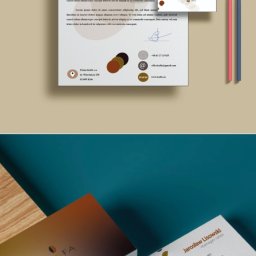 Maciej Budny - Zestaw materiałów firmowych marki kawy: ulotka, wizytówki, papier firmowy, zaprezentowane na tle w kolorach turkusu i drewna, z dodatkiem dwóch ołówków.