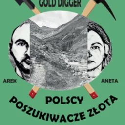 Ilustracja w stylu retro z Brudzewa, przedstawiająca stylizowany portret pary poszukiwaczy złota (Arek i Aneta) z narzędziami (kilof i łopata) na tle górskiego krajobrazu i napisem 'GOLD DIGGER'...