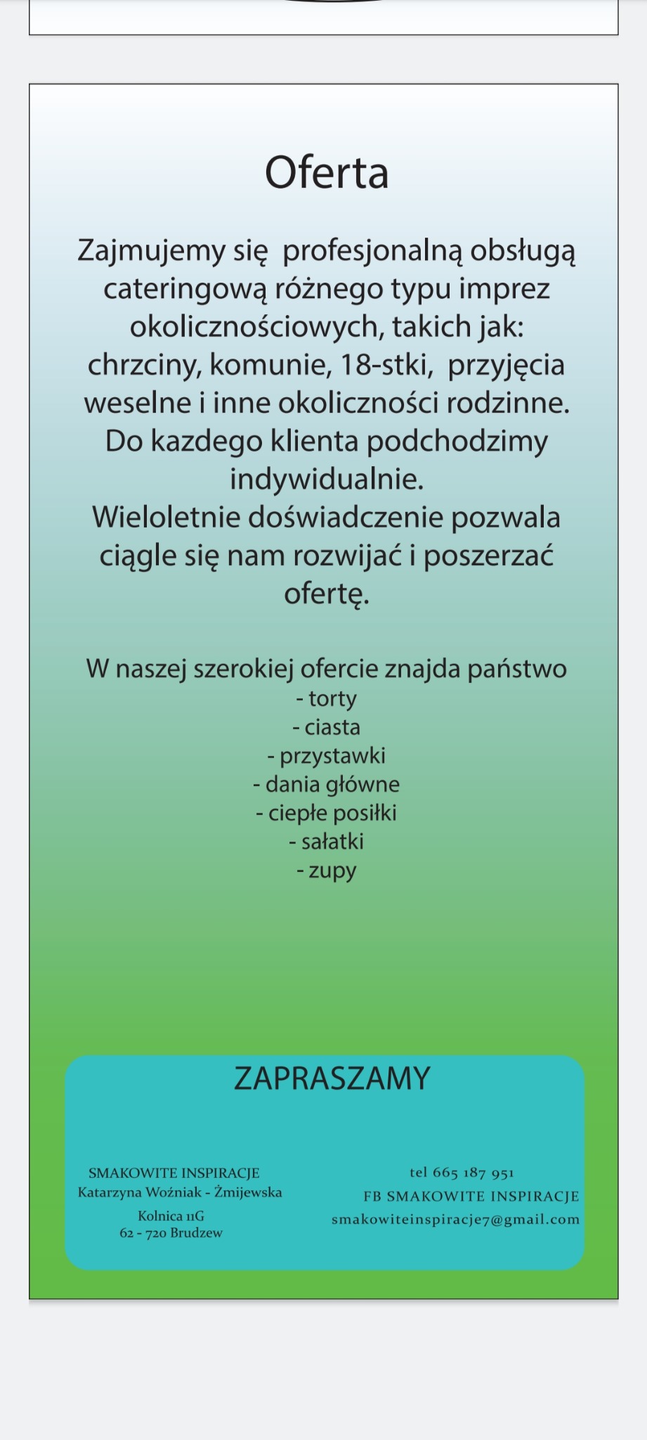Grafika z ofertą cateringową firmy 'Smakowite Inspiracje' z Brudzewa, wyszczególniająca obsługę imprez okolicznościowych i menu.