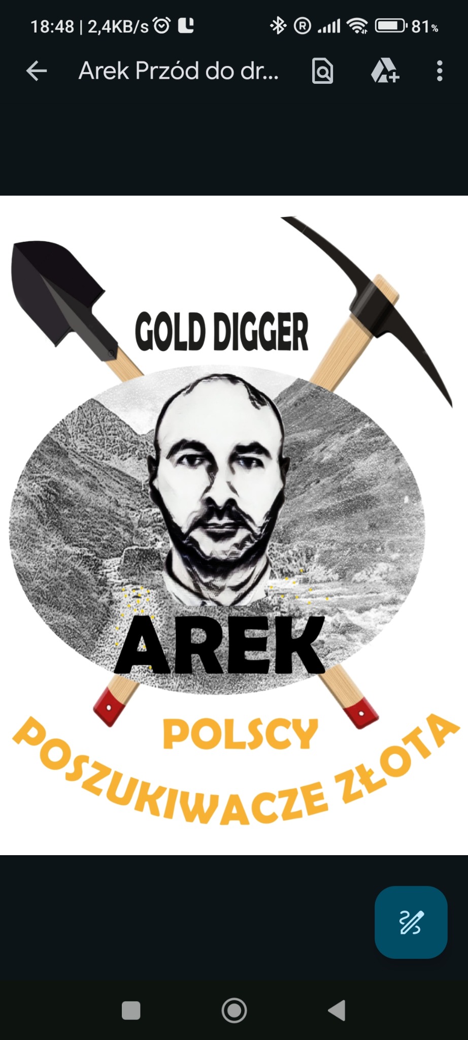 Grafika przedstawiająca portret mężczyzny z napisem 'GOLD DIGGER AREK POLSCY POSZUKIWACZE ZŁOTA', otoczony przez stylizowane narzędzia górnicze: kilof i łopatę.