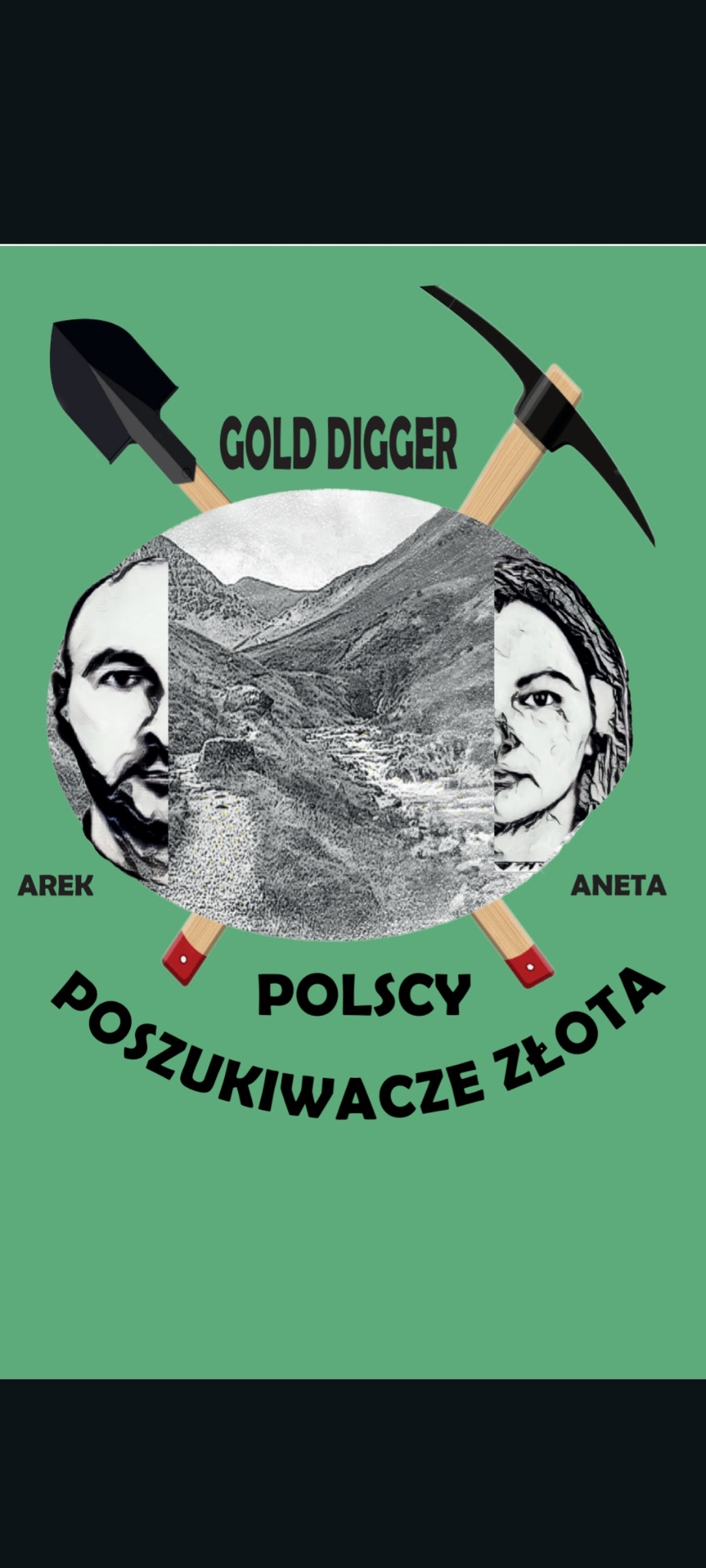 Ilustracja w stylu retro z Brudzewa, przedstawiająca stylizowany portret pary poszukiwaczy złota (Arek i Aneta) z narzędziami (kilof i łopata) na tle górskiego krajobrazu i napisem 'GOLD DIGGER'...