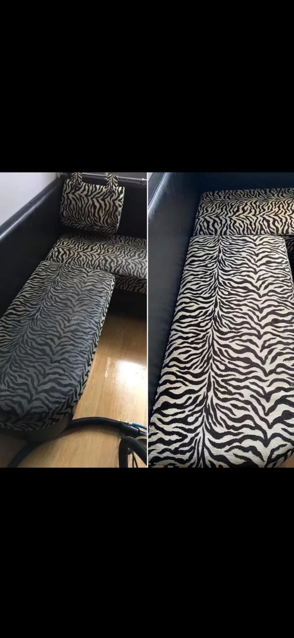 Fragment sofy z tapicerką w zebrę, widoczne czyszczenie tapicerki za pomocą węża odkurzacza ekstrakcyjnego, podłoga częściowo mokra.