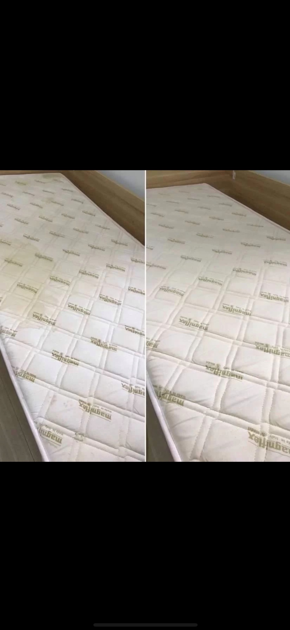 Materac z widocznymi plamami przed i po czyszczeniu, ujęcie porównawcze.