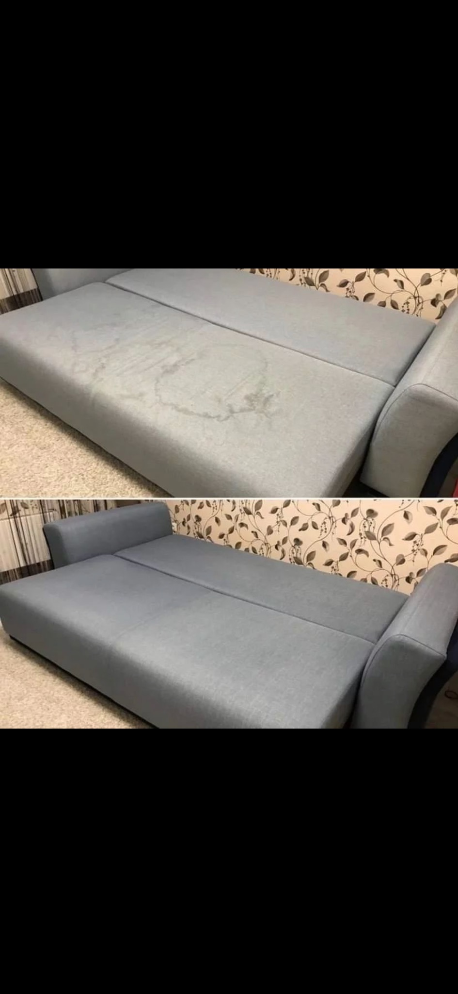 Porównanie sofy przed i po czyszczeniu: widoczne plamy na górnym zdjęciu i czysta powierzchnia na dolnym, jasnoszara tapicerka, wzorzysta tapeta w tle.