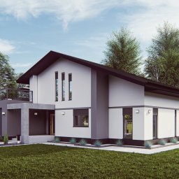 EasyLivin DESIGN - Wizualizacja nowoczesnego domu jednorodzinnego z płaskim dachem, białymi ścianami z szarymi akcentami, dużymi oknami i garażem z balkonem, otoczonego zielonym trawnikiem i drzewami.