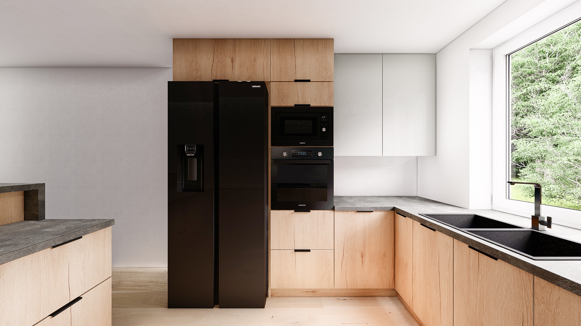 Nowoczesna kuchnia z drewnianymi frontami szafek, czarnym sprzętem AGD marki Samsung oraz ciemnoszarym blatem, widok na zieleń za oknem.