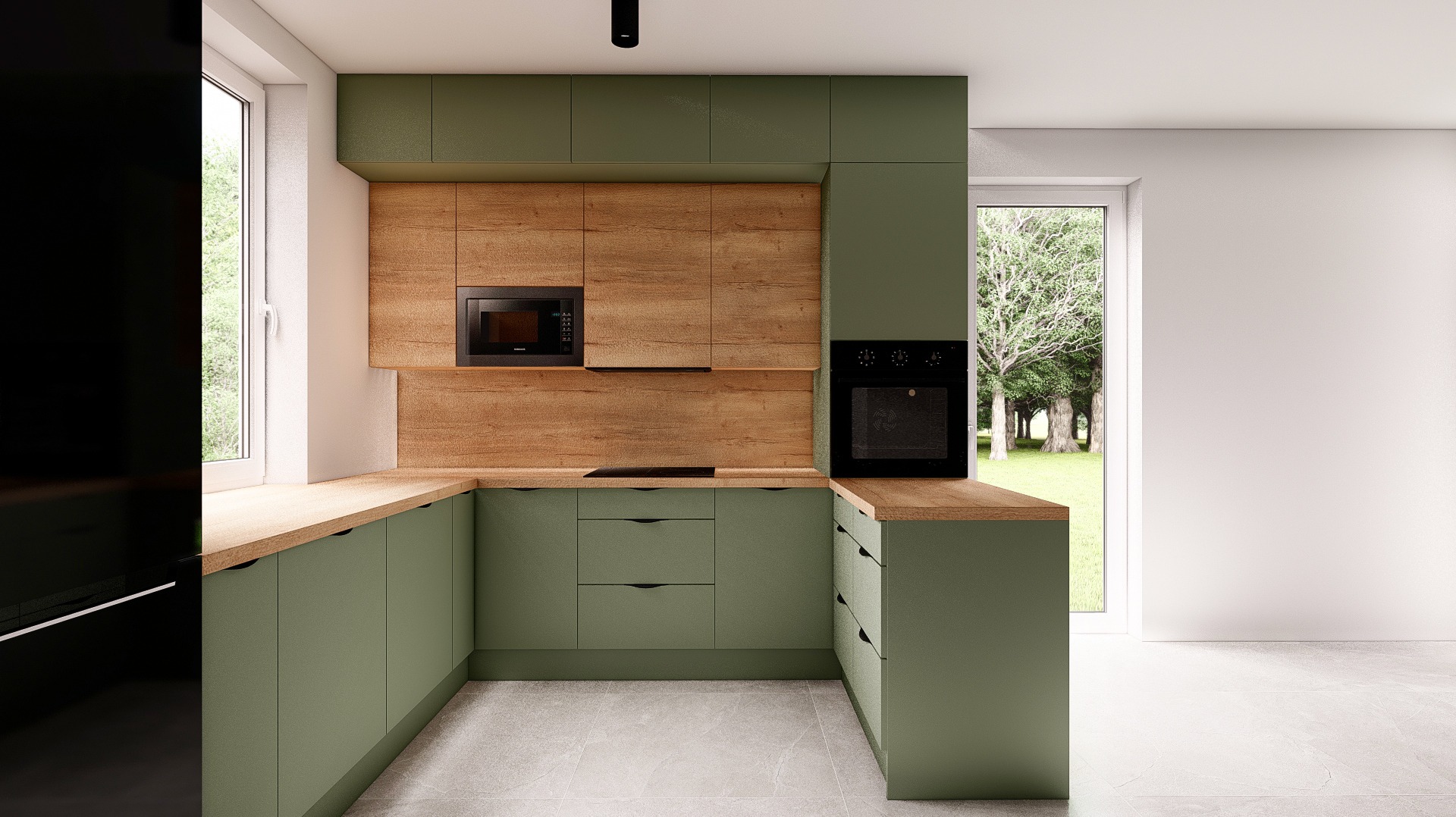 Nowoczesna kuchnia w odcieniach zieleni i drewna, z czarnym piekarnikiem i mikrofalówką, minimalistyczne uchwyty, widok na ogród przez okno.
