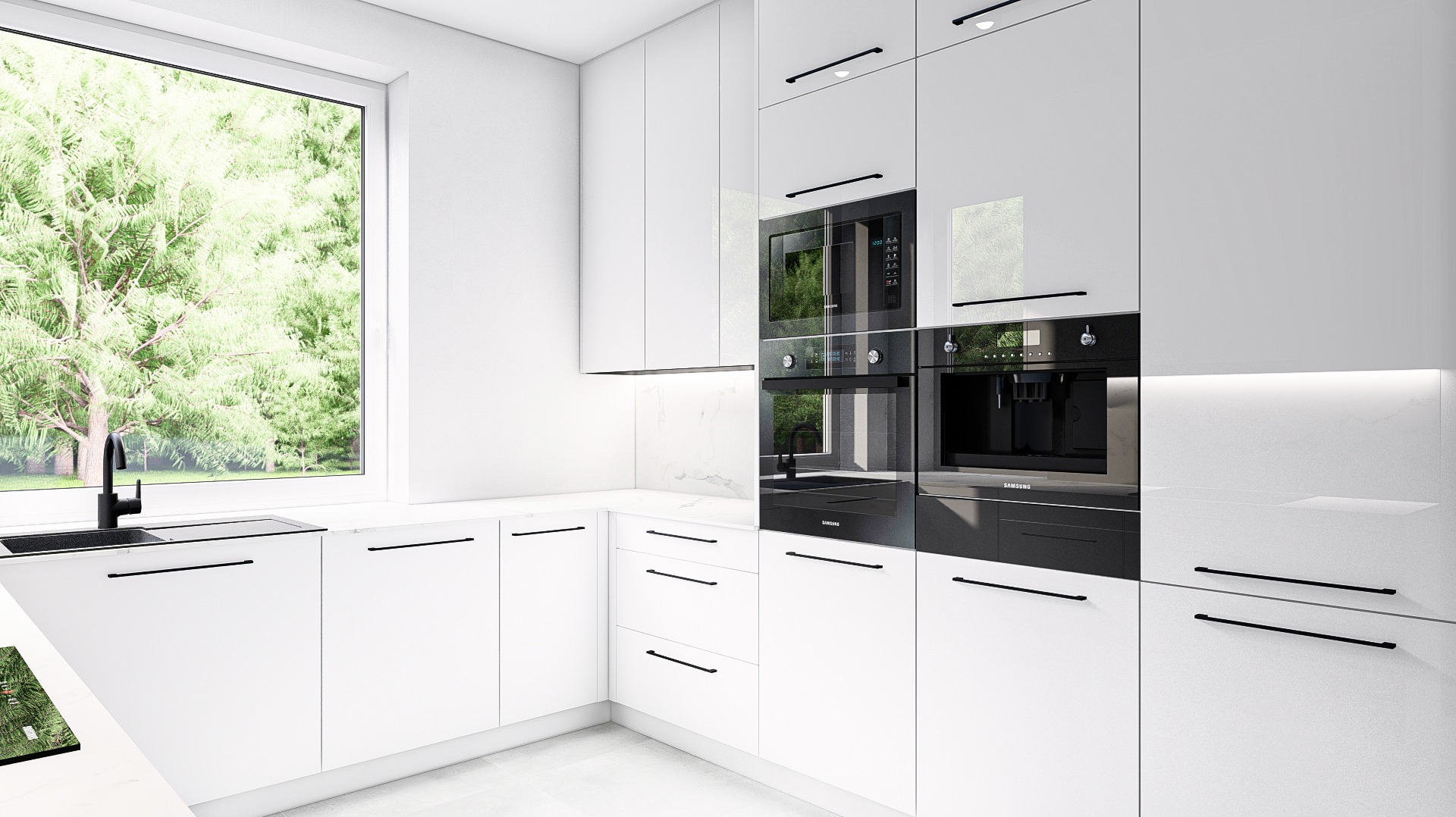 Nowoczesna biała kuchnia z czarnymi akcentami, widok na zieleń za oknem, zabudowane urządzenia AGD Samsung, minimalistyczne uchwyty.