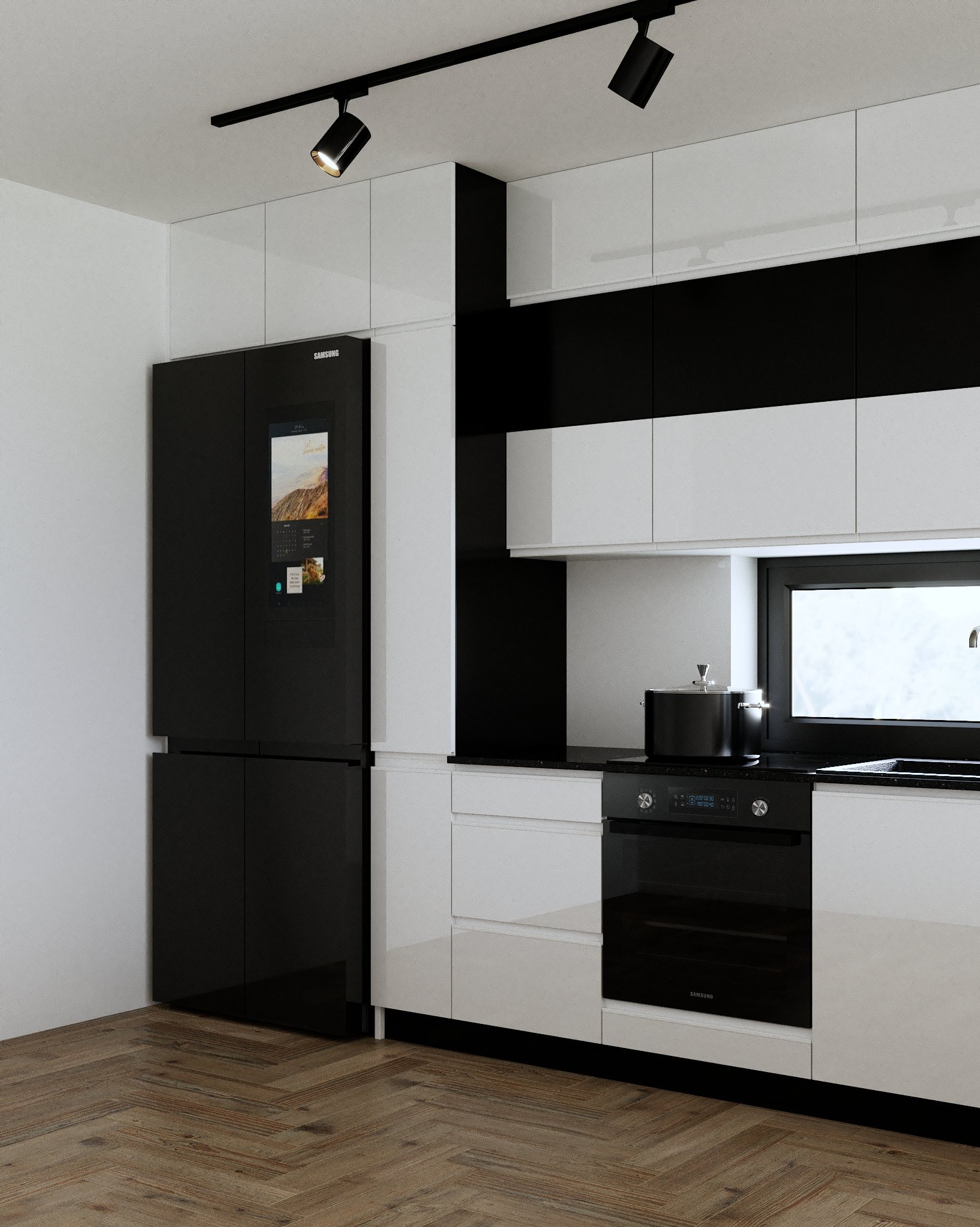Nowoczesna kuchnia w czarno-białej kolorystyce z inteligentną lodówką Samsung, oświetleniem punktowym i drewnianą podłogą w jodełkę.