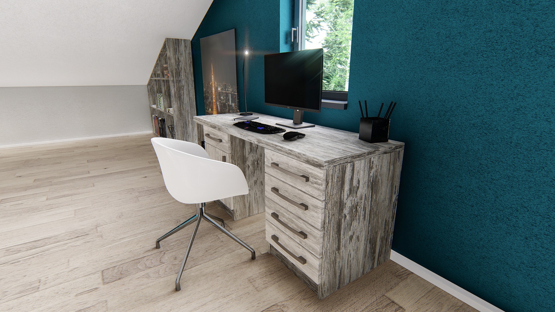 Wizualizacja pokoju do pracy w domu na poddaszu: drewniane biurko z szufladami, białe krzesło obrotowe, monitor, klawiatura, lampka, półka na książki, turkusowa ściana z oknem.