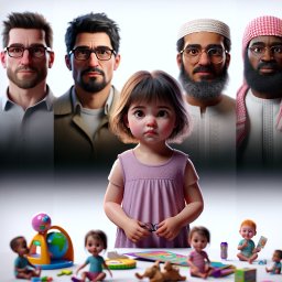 Trzeźwy Azyl Anna Rewekant - Ilustracja przedstawiająca dziewczynkę trzymającą okulary, z grupą dorosłych mężczyzn różnych narodowości w tle, oraz zabawkami na stole, symbolizująca wsparcie psychologiczne dla dzieci z różnych...