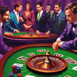 Trzeźwy Azyl Anna Rewekant - Stylizowana ilustracja przedstawia grupę elegancko ubranych osób przy stole do ruletki w kasynie, z żetonami i kartami do gry, sugerująca atmosferę hazardu i emocji.