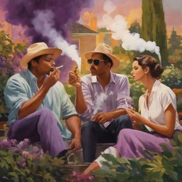 Trzeźwy Azyl Anna Rewekant - Trzech elegancko ubranych ludzi siedzi w ogrodzie i pali papierosy i cygara, unoszący się dym tworzy atmosferę relaksu i kontemplacji.