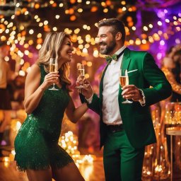 Trzeźwy Azyl Anna Rewekant - Uśmiechnięta para w zielonych strojach wznosi toast szampanem na tle dekoracji świetlnych.