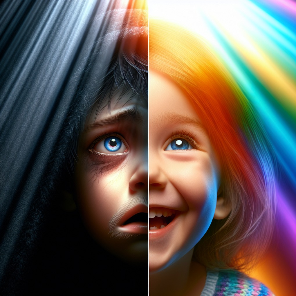 Dwie połówki twarzy dziecka: jedna w ciemności i smutku, druga w jasnych kolorach i uśmiechu, symbolizujące transformację od lęku do radości.