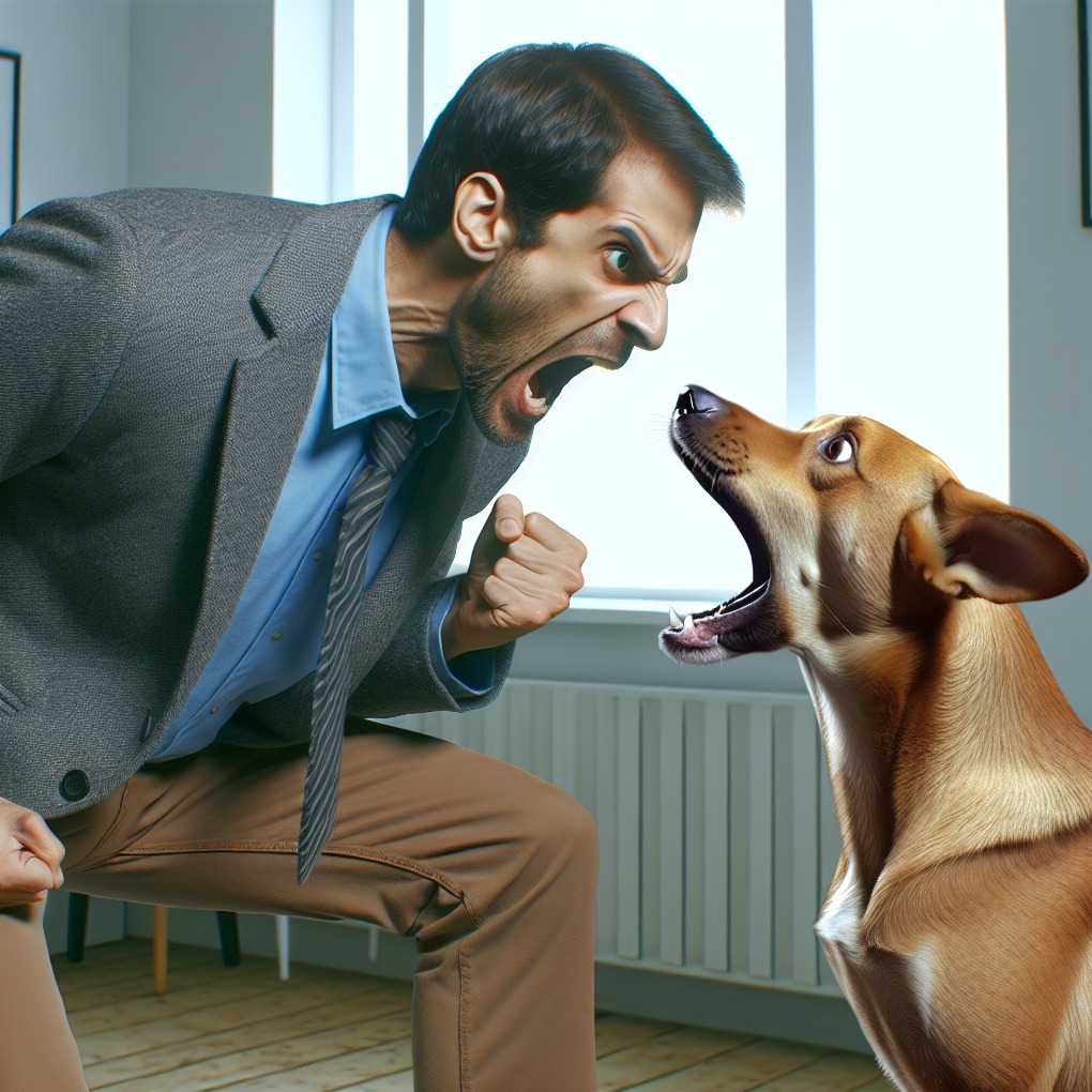 Mężczyzna w garniturze, z zaciśniętą pięścią i otwartymi ustami, krzyczy na psa z otwartym pyskiem, w jasnym pomieszczeniu.