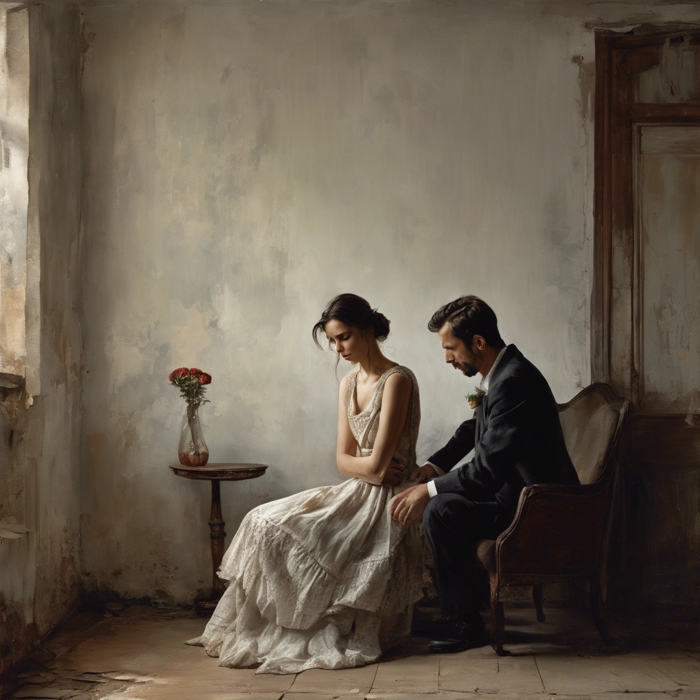 Para w Łodzi siedzi w cichym pokoju, kobieta w zwiewnej sukience spogląda w dół, mężczyzna w garniturze delikatnie kładzie dłoń na jej ramieniu, obok stoi wazon z czerwonymi różami, a cała scena...
