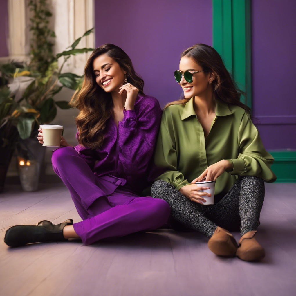Dwie uśmiechnięte kobiety siedzą na podłodze, trzymając kubki z napojami. Jedna ubrana w fioletowy garnitur, druga w zieloną koszulę i szare spodnie. W tle fioletowa ściana i zielone drzwi.