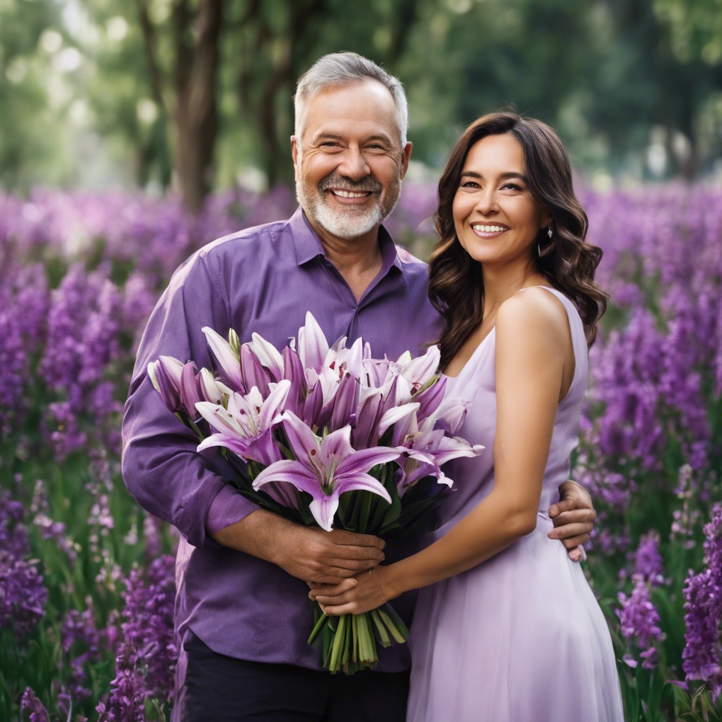 Uśmiechnięta para, mężczyzna z siwymi włosami i kobieta z brązowymi włosami, obejmują się na tle kwitnącego pola fioletowych kwiatów, mężczyzna trzyma bukiet lilii.