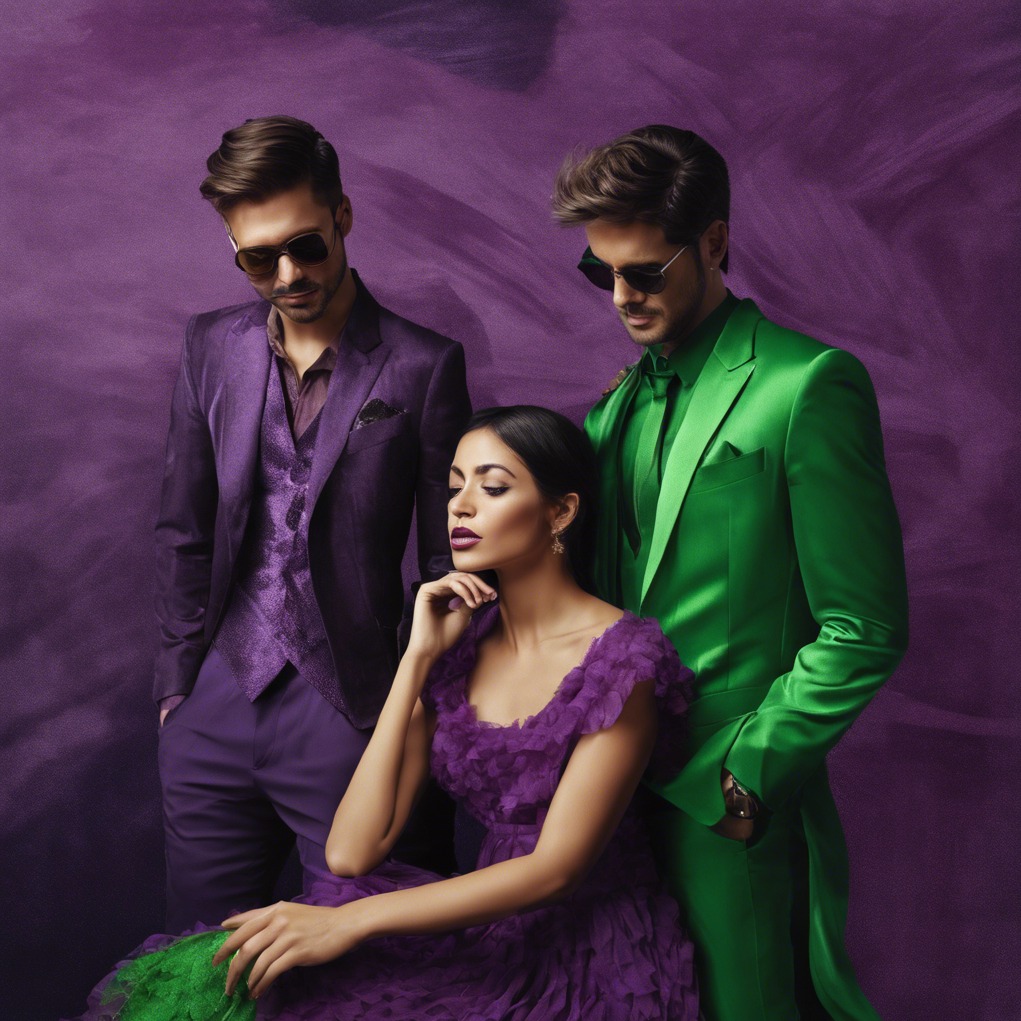 Kobieta w fioletowej sukience siedzi na tle dwóch mężczyzn w garniturach: jeden w fioletowym, drugi w zielonym, wszyscy w okularach przeciwsłonecznych, na rozmytym fioletowym tle.