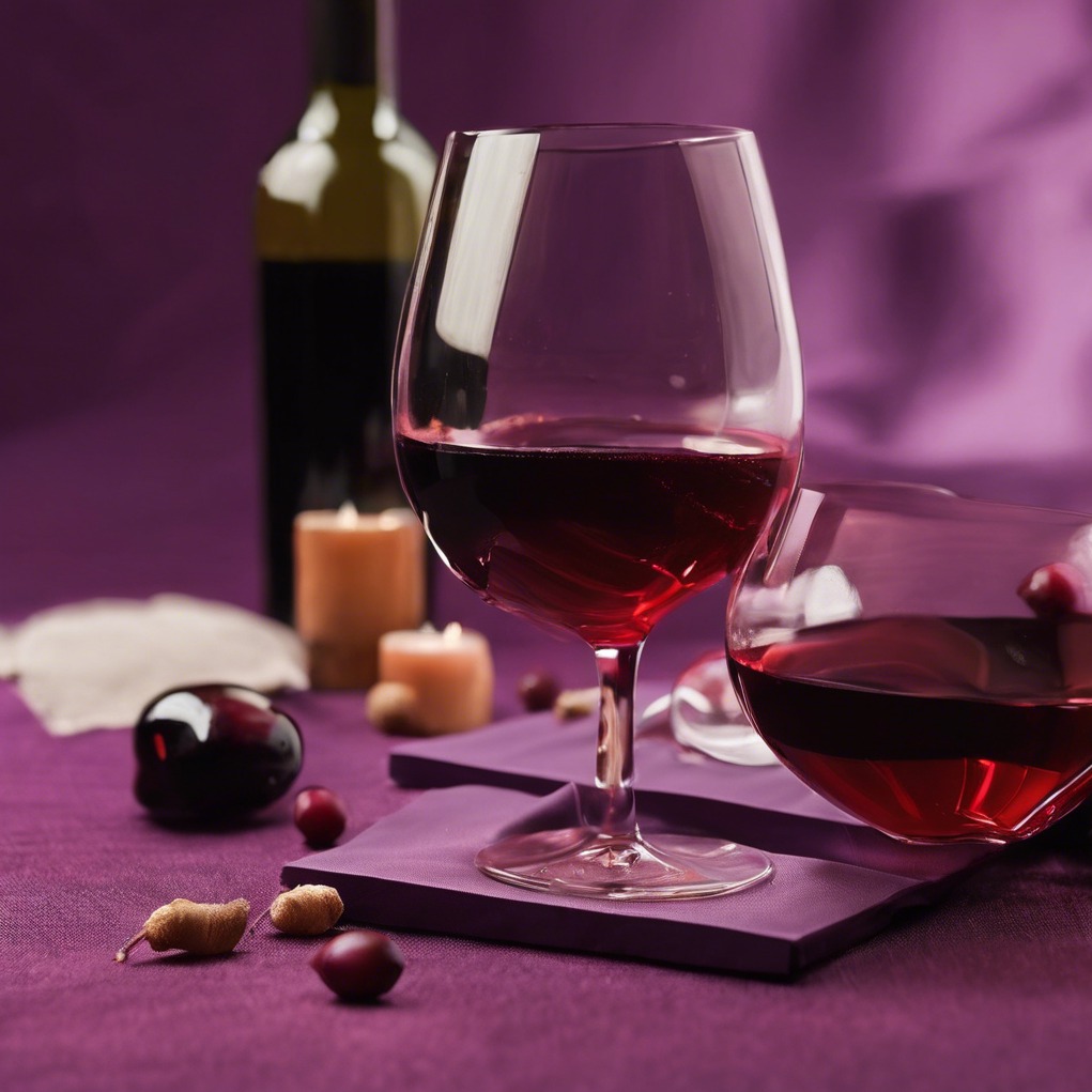 Dwa kieliszki czerwonego wina na fioletowych serwetkach z butelką w tle, świecami i owocami, sugerujące intymną atmosferę.