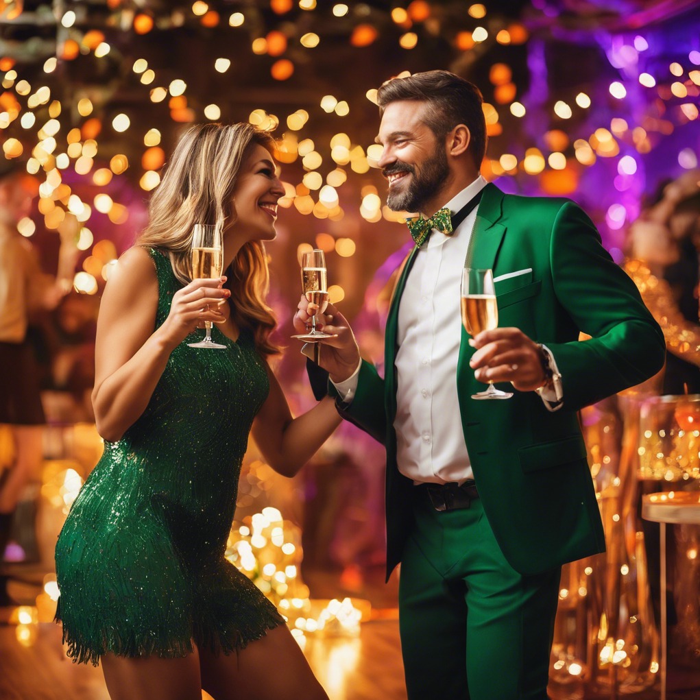 Uśmiechnięta para w zielonych strojach wznosi toast szampanem na tle dekoracji świetlnych.