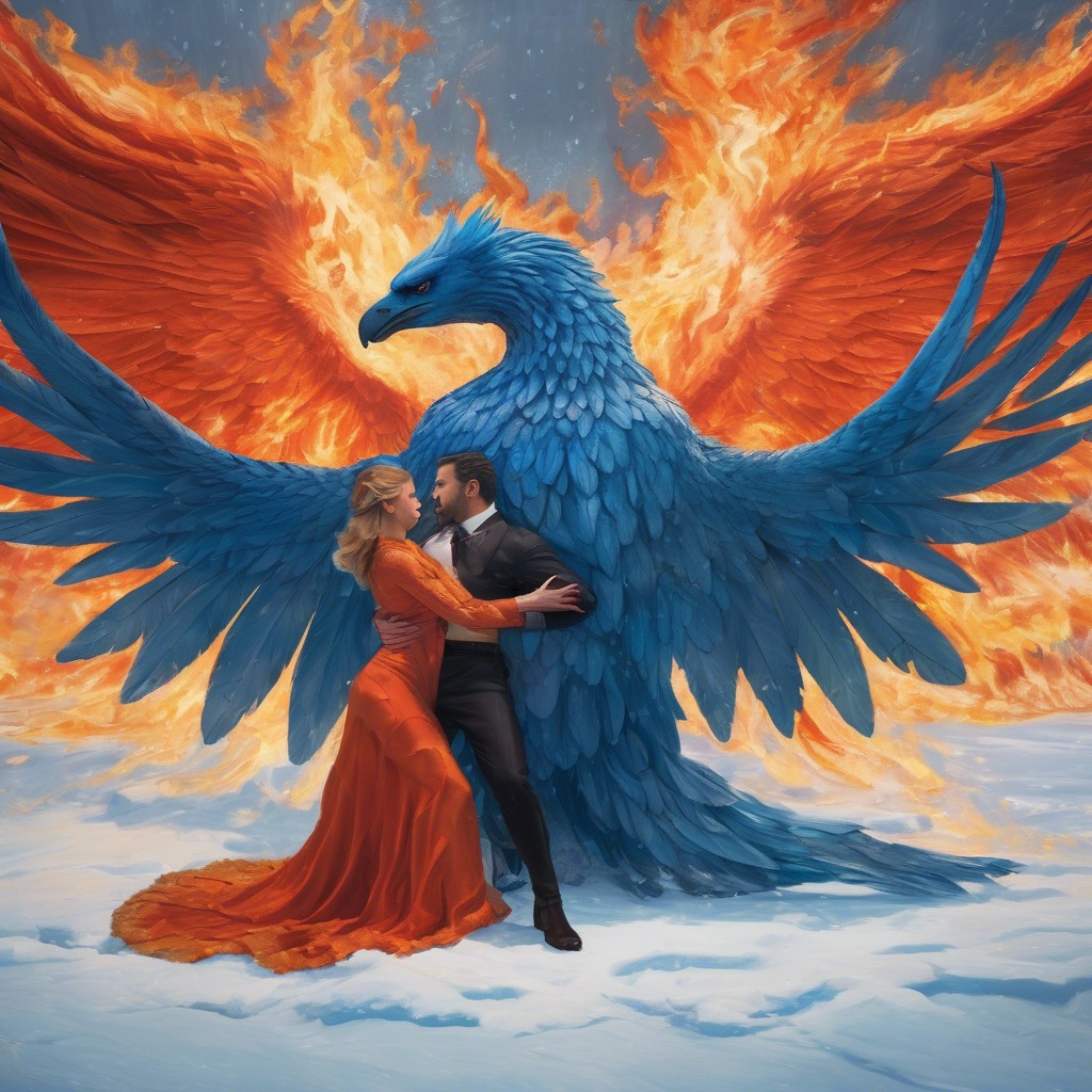 Para w objęciach na tle błękitnego ptaka z płomiennymi skrzydłami. Kobieta w pomarańczowej sukni, mężczyzna w garniturze. Romantyczna scena.