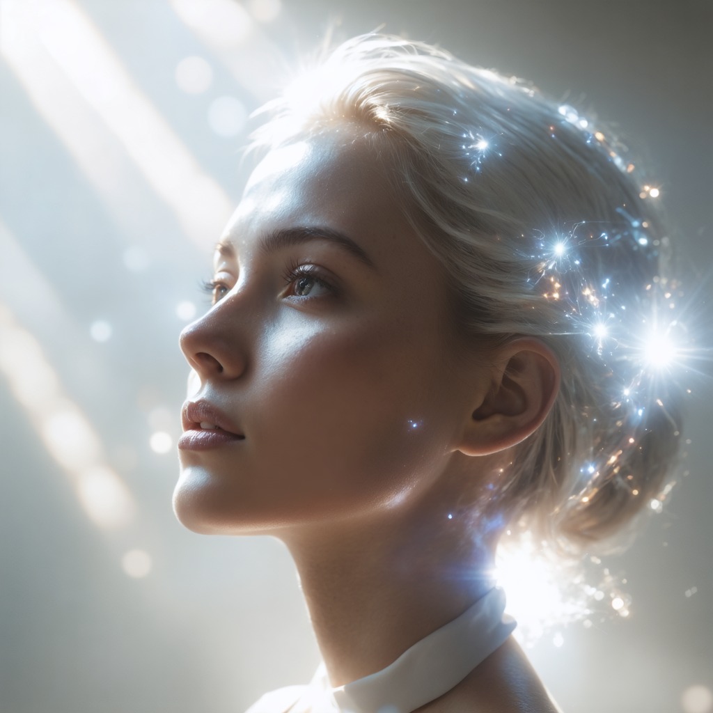 Portret kobiety z promieniami światła i delikatnymi iskrami wokół głowy, symbolizujący inspirację, kreatywność i jasność umysłu.