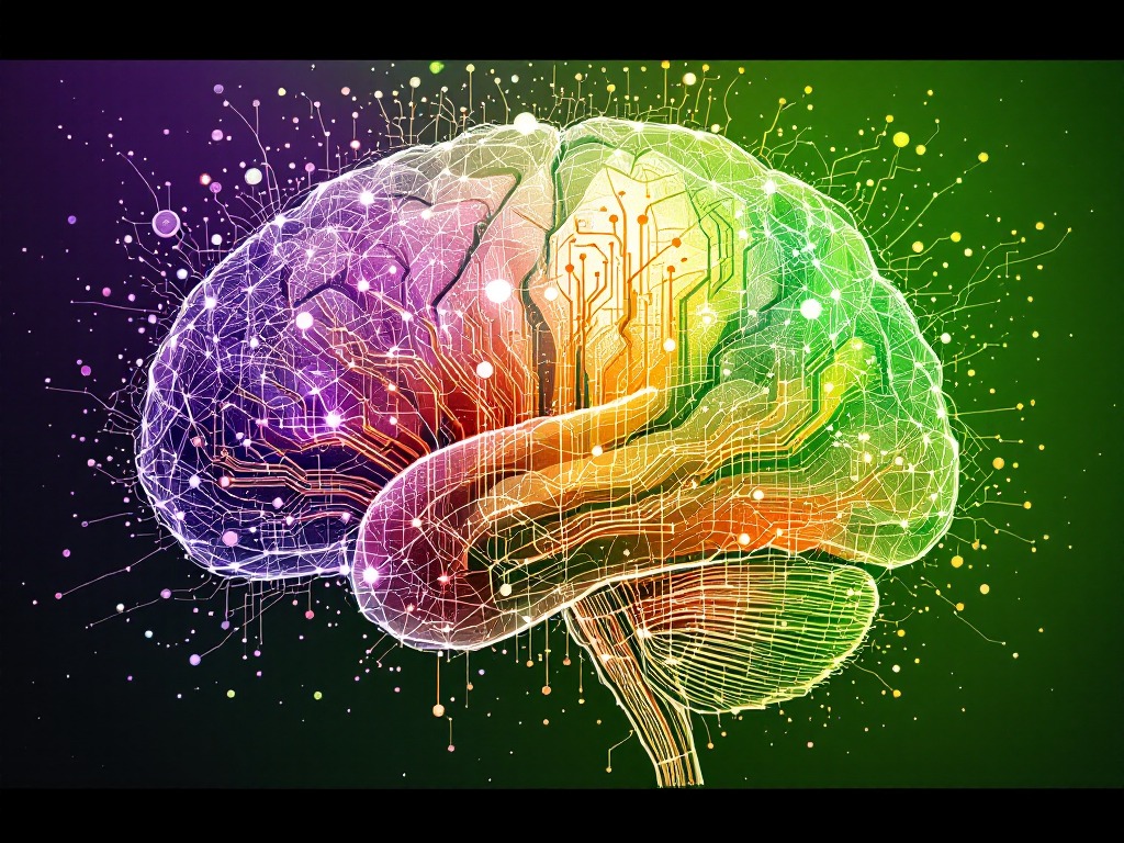 Stylizowany, kolorowy rysunek mózgu z elementami obwodów elektronicznych na ciemnym tle, symbolizujący procesy myślowe i połączenia neuronowe.