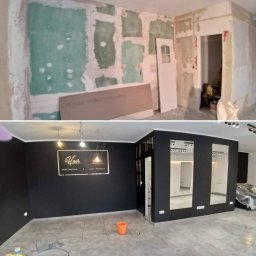 Doradztwo i obsługa techniczna Radosław Wojtczak - Zdjęcie typu 'przed i po' przedstawia remont wnętrza: na górze surowe ściany z pozostałościami farby i fragmentami płyt, na dole pomalowane na czarno ściany z lustrami, nową podłogą i logo salonu...