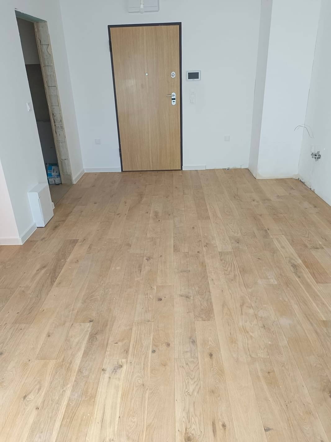 Jasne panele podłogowe ułożone w pustym pokoju z białymi ścianami i drewnianymi drzwiami wejściowymi z czarną ramą, widoczne niedokończone wykończenia ścian.