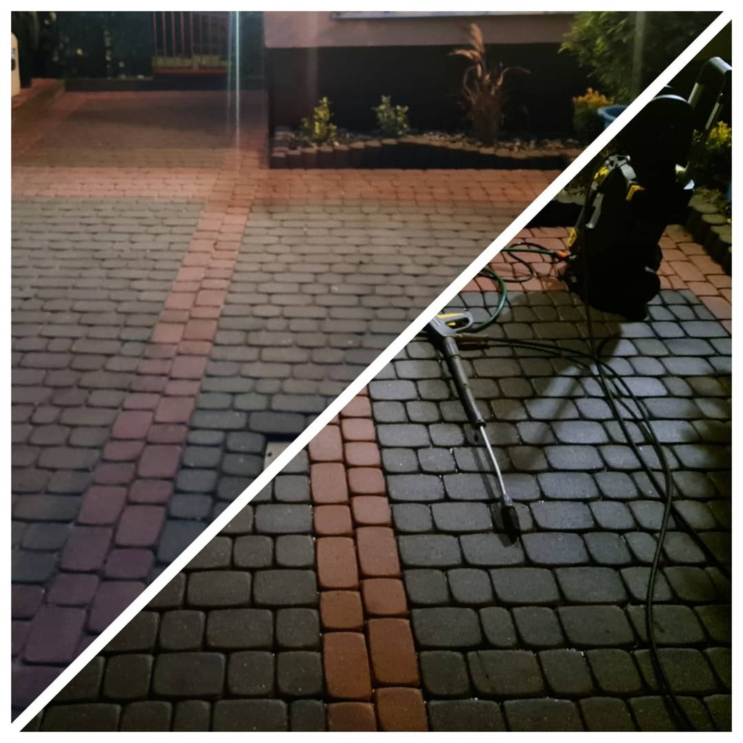 Kostka brukowa przed i po czyszczeniu myjką ciśnieniową, widoczna różnica w kolorze i czystości, zarys budynku w tle.